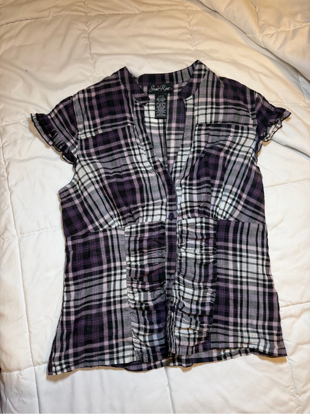 Purple Plaid Ruffle-Front Cap Sleeve Blouse